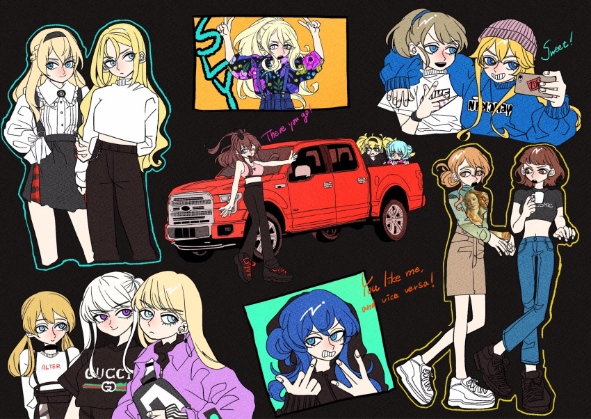 6+girls anno88888 bangs beanie bismarck_(kantai_collection) black_background blonde_hair blue_eyes blue_hair blush breasts brown_hair cellphone closed_mouth clothes_writing denim double_v english_text ford ford_f-150 gambier_bay_(kantai_collection) gotland_(kantai_collection) graf_zeppelin_(kantai_collection) grin ground_vehicle gucci hairband hat highres intrepid_(kantai_collection) iowa_(kantai_collection) jeans kantai_collection littorio_(kantai_collection) long_hair middle_finger motor_vehicle multiple_girls nelson_(kantai_collection) open_mouth pants phone ponytail prinz_eugen_(kantai_collection) richelieu_(kantai_collection) roma_(kantai_collection) samuel_b._roberts_(kantai_collection) saratoga_(kantai_collection) self_shot shirt short_hair short_sleeves silver_hair simple_background smartphone smile suspenders sweater truck twintails v warspite_(kantai_collection)