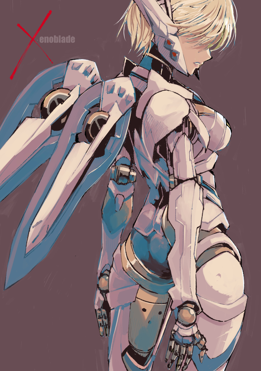 1girl blonde_hair breasts brown_background copyright_name cyborg fiorun hidden_eyes highres joints mechanical_wings muramasa_mikado robot_joints short_hair wings xenoblade_(series) xenoblade_1