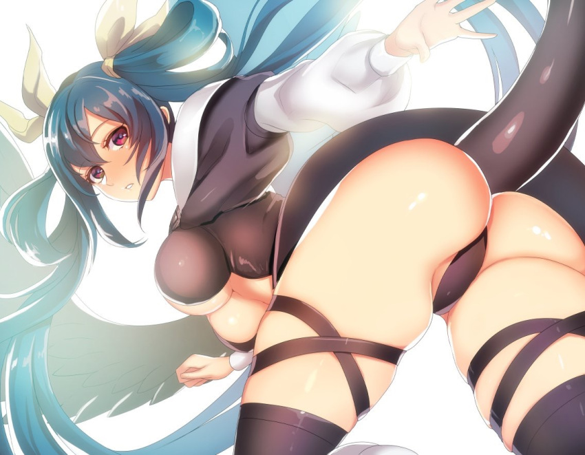 1girl ass asymmetrical_wings black_panties boots breasts dizzy_(guilty_gear) guilty_gear guilty_gear_x guilty_gear_xx hair_ribbon kokouno_oyazi looking_at_viewer looking_back monster_girl panties puffy_sleeves red_eyes ribbon skindentation solo tail thick_thighs thigh_boots thighhighs thighs twintails underboob underwear wings yellow_ribbon