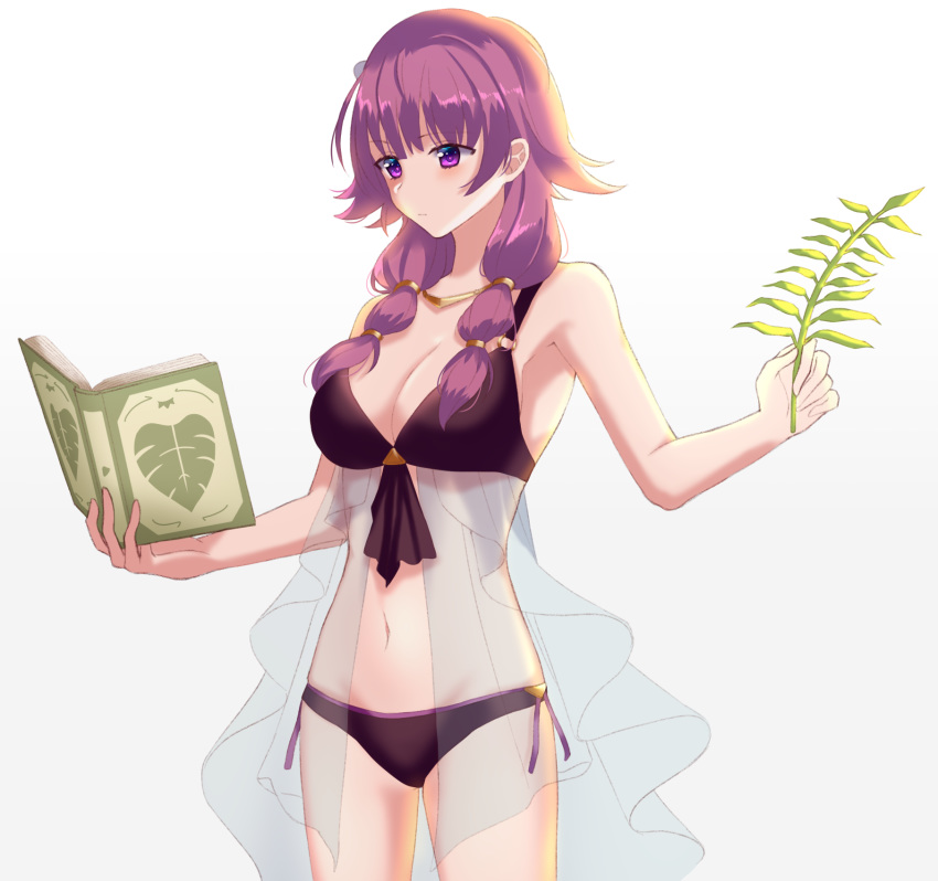 1girl arcelle bikini black_bikini book breasts cleavage closed_mouth fire_emblem fire_emblem:_the_sacred_stones fire_emblem_heroes highres holding holding_book long_hair lute_(fire_emblem) navel open_book purple_eyes purple_hair simple_background solo swimsuit white_background