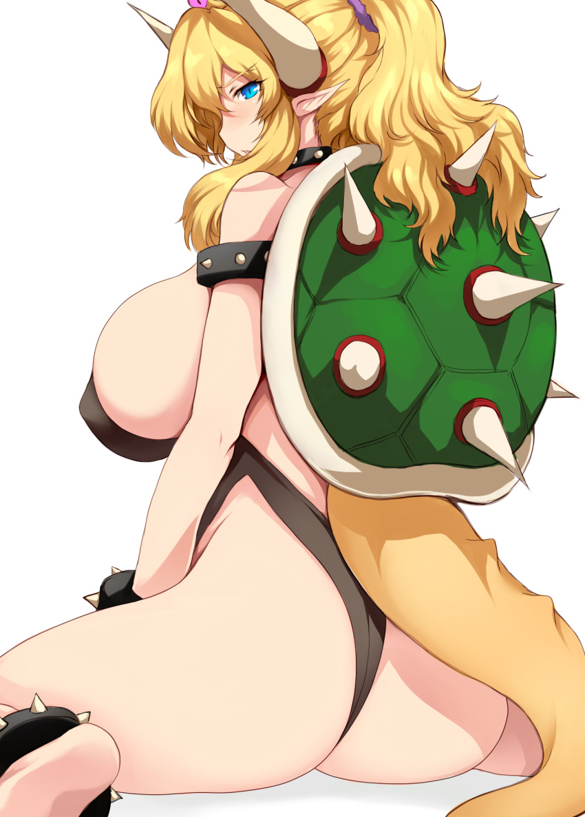 alternate_species animal_humanoid anklet armband barefoot big_breasts big_butt biped black_clothing blonde_hair blush bowser bowsette_meme bracelet breasts butt clothed clothing collar crossgender crown curvy_figure eyelashes female fluffy fluffy_hair hair hi_res horn horned_humanoid huge_breasts humanoid humanoid_pointy_ears humanoidized jewelry koopa legband light_skin long_hair looking_at_viewer looking_back mario_bros meme monotone_hair mtf_crossgender nintendo nipple_outline one-piece_swimsuit pinup ponytail pose rear_view scalie scalie_humanoid shell simple_background sitting skimpy slit_pupils solo spiked_anklet spiked_armband spiked_bracelet spiked_collar spiked_legband spikes super_crown swimwear tsukasawa_takamatsu video_games white_background