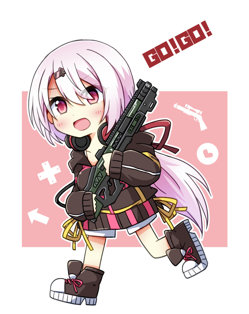 1girl :d absurdres black_footwear black_hoodie chibi clip_studio_paint_(medium) full_body gun hair_between_eyes hair_ribbon highres holding holding_gun holding_weapon hood hooded_sweater long_ponytail low_ponytail nijisanji open_mouth painttool_sai_(medium) photoshop_(medium) pink_hair red_eyes ribbon shiina_yuika shoes smile sneakers solo sweater virtual_youtuber weapon yuuhi_alpha