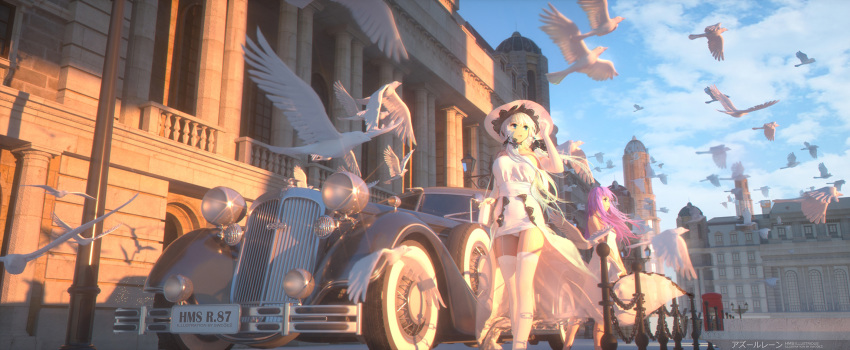 2girls adapted_costume artist_name azur_lane bag bird blue_eyes blue_sky breasts building car character_name chinese_commentary cloud cloudy_sky copyright_name day dress elbow_gloves english_text flock full_body garter_straps glint gloves ground_vehicle handbag hat highres illustrious_(azur_lane) long_hair medium_breasts motor_vehicle multiple_girls off-shoulder_dress off_shoulder open_mouth outdoors panties panty_peek phone_booth purple_eyes purple_hair railing scenery sky sleeveless sleeveless_dress smile standing sunlight swd3e2 thighhighs thighs twintails underwear unicorn_(azur_lane) vintage_car white_dress white_gloves white_hair white_headwear white_legwear white_panties wind wind_lift zettai_ryouiki