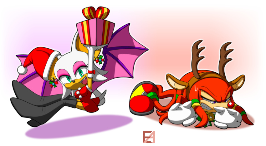 anthro chiropteran christmas duo eamze echidna female hi_res holidays knuckles_the_echidna male mammal monotreme rouge_the_bat sonic_the_hedgehog_(series) video_games