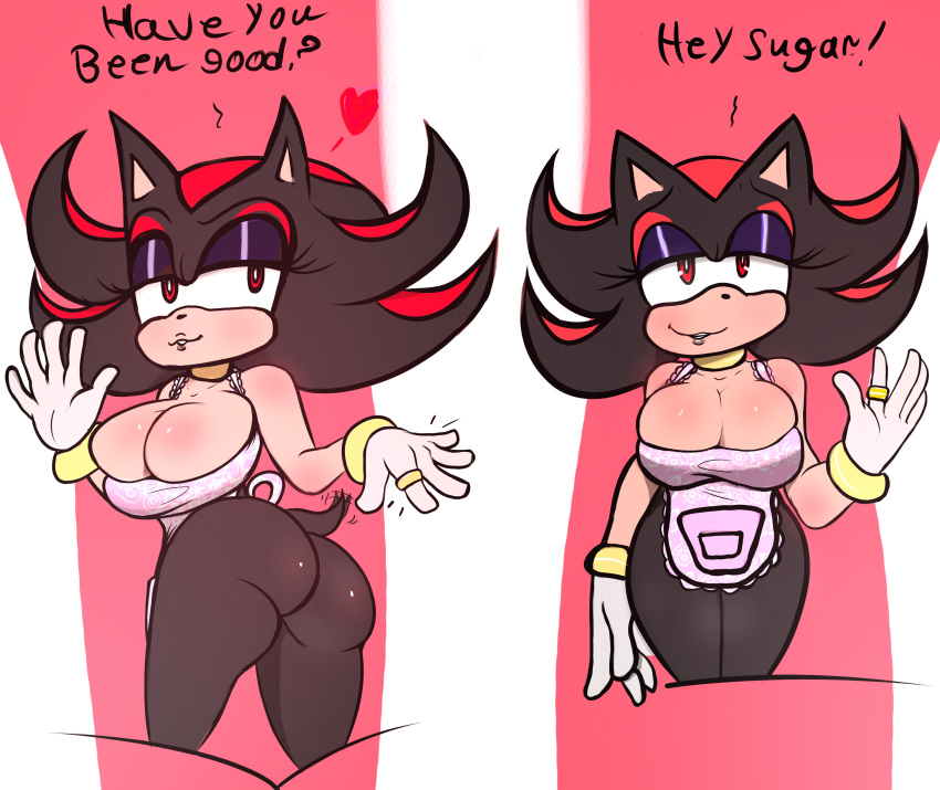 absurd_res anthro apron apron_only big_breasts breasts clothing crossgender dummy_thicc eulipotyphlan female gesture hedgehog hi_res huegirl19 mammal mostly_nude shadow_the_hedgehog solo sonic_the_hedgehog_(series) suggestive suggestive_gesture thick_thighs tight_fit