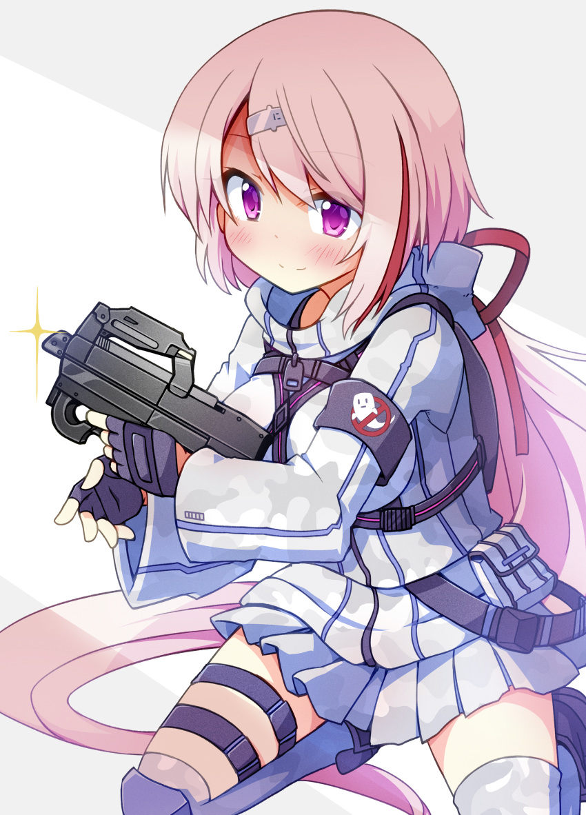 absurdres armband breasts clip_studio_paint_(medium) fingerless_gloves gloves gun hair_ornament hair_ribbon hairclip highres holding holding_gun holding_weapon large_breasts long_ponytail looking_at_viewer low_ponytail nijisanji painttool_sai_(medium) photoshop_(medium) pink_hair pleated_skirt purple_gloves ribbon shiina_yuika simple_background skirt smile thigh_strap virtual_youtuber weapon white_background white_skirt yuuhi_alpha