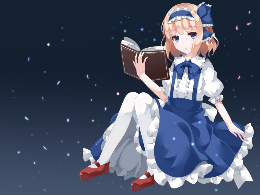 1girl :o alice_margatroid alice_margatroid_(pc-98) arm_up bangs blonde_hair blue_background blue_eyes blue_neckwear blue_skirt book commentary expressionless eyebrows_visible_through_hair gradient gradient_background hair_ribbon hairband highres holding holding_book knees_together_feet_apart knees_up light_particles lolita_hairband looking_at_viewer mary_janes nanatuki13 neck_ribbon open_book pantyhose petticoat puffy_short_sleeves puffy_sleeves red_footwear ribbon shirt shoes short_hair short_sleeves sitting skirt solo suspender_skirt suspenders touhou touhou_(pc-98) white_legwear white_shirt