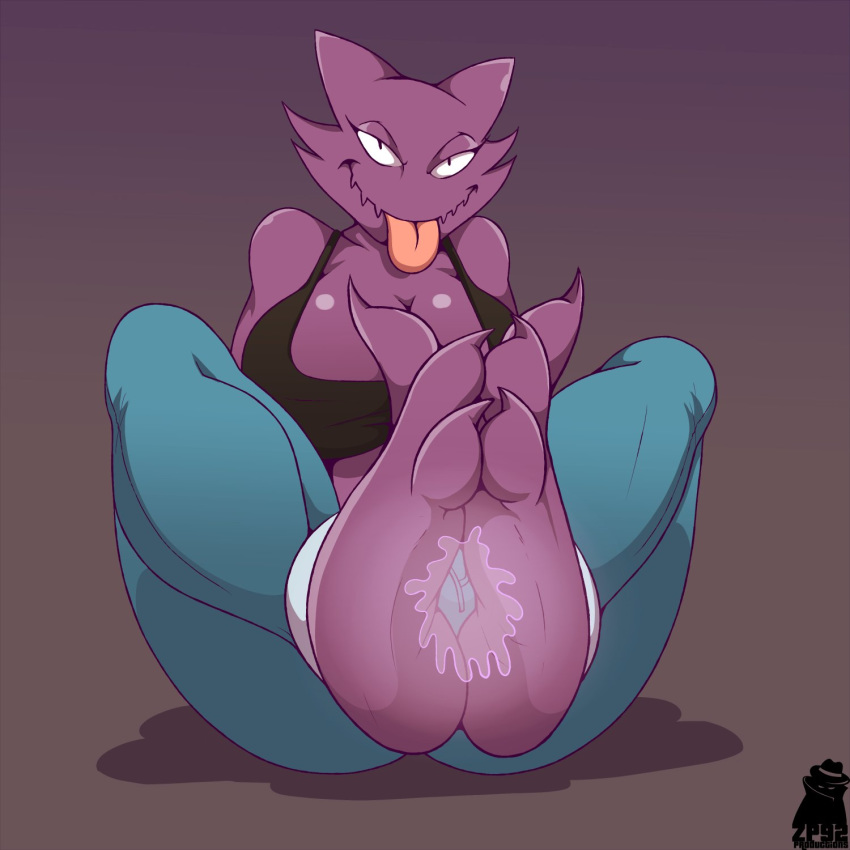3_toes anthro bedroom_eyes bottomwear breasts clothed clothing elle_(zp92) feet female foot_focus ghost haunter hi_res humanoid humanoid_feet jeans looking_at_viewer lube narrowed_eyes nintendo not_furry not_furry_focus pants pok&eacute;mon pok&eacute;mon_(species) purple_body purple_skin seductive signature simple_background solo spirit toes tongue tongue_out video_games zp92
