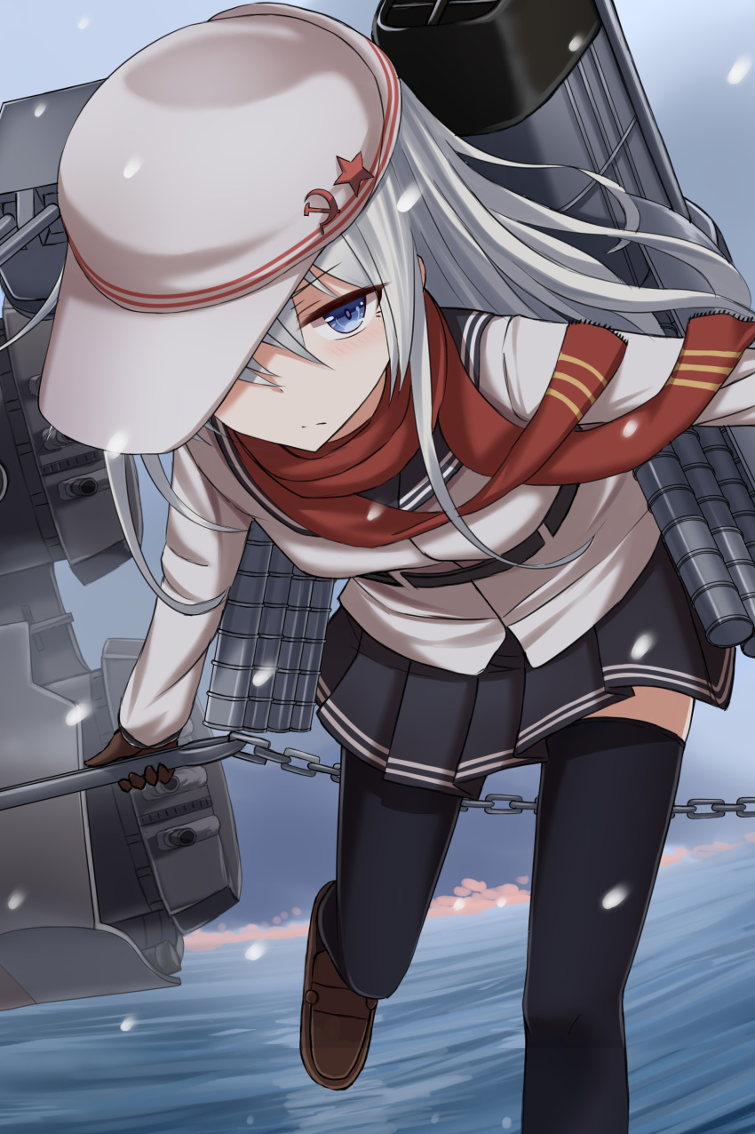 1girl absurdres anchor bangs belt black_belt black_gloves black_legwear black_skirt blue_eyes brown_footwear brown_hair chain closed_mouth commentary expressionless flat_cap gloves hair_over_one_eye hammer_and_sickle hat hat_over_one_eye hibiki_(kantai_collection) highres holding_anchor kantai_collection leaning_forward light_frown loafers long_hair long_sleeves looking_at_viewer ocean on_water pantyhose pleated_skirt rabochicken red_neckwear rigging scarf school_uniform serafuku shirt shoes silver_hair skirt smokestack snowflakes snowing solo star_(symbol) thighhighs torpedo_tubes turret verniy_(kantai_collection) white_hair white_shirt