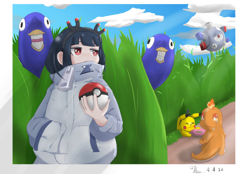 1girl :&lt; amano_pikamee animal bangs bird black_hair black_hairband blunt_bangs border charmander closed_mouth crying crying_with_eyes_open dated day doughnut eyebrows_behind_hair fire food gen_1_pokemon grass grin gyari_(bird) hairband hand_in_pocket high_collar highres hikasa_tomoshika holding holding_poke_ball jacket jbene jitomi_monoe long_sleeves looking_away looking_to_the_side magnemite magnet outdoors outline pikachu poke_ball poke_ball_(generic) pokemon red_eyes signature smile starter_pokemon sweat tears upper_body virtual_youtuber voms white_border white_jacket white_outline zipper_pull_tab