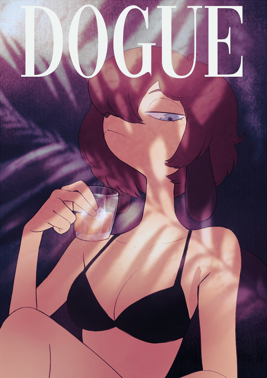 absurd_res alcohol anthro beverage bikini blue_eyes breasts canid canine canis cleavage clothed clothing colo domestic_dog female hair hi_res mammal misha_(colo) parody short_hair solo swimwear vogue_(magazine)