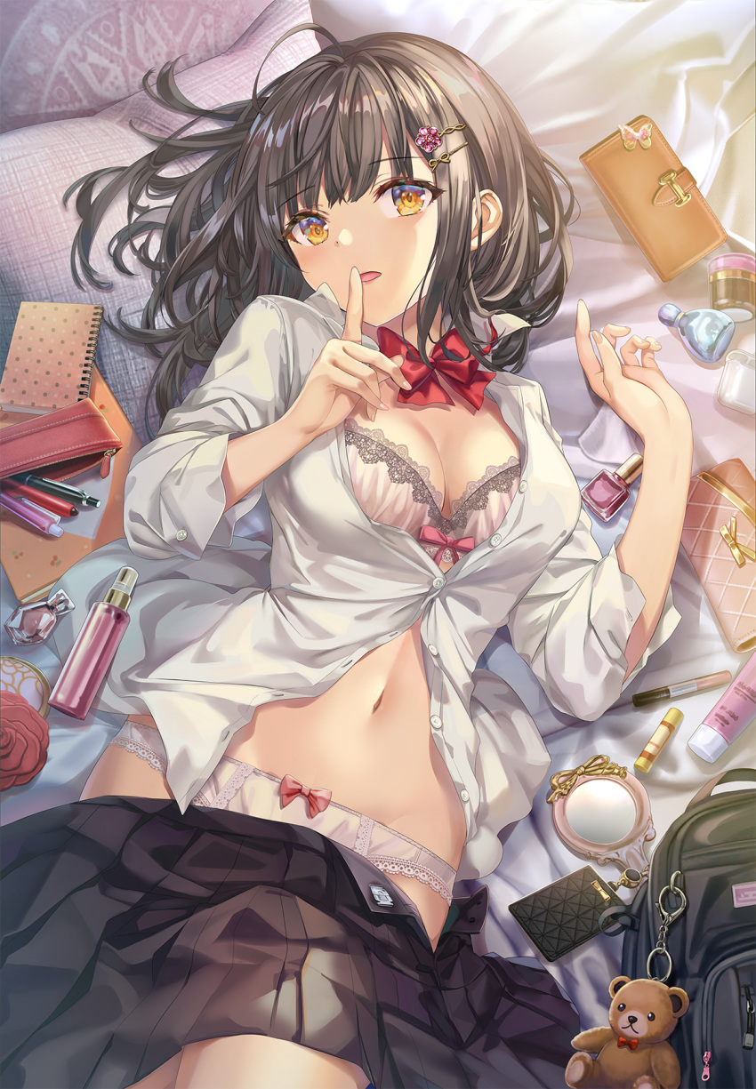 1girl backpack bag bangs bed_sheet black_hair black_skirt blush bottle bow bowtie bra breasts cleavage collared_shirt dress_shirt finger_to_mouth flower groin hair_ornament hairclip handbag hands_up highres index_finger_raised keychain lace lace-trimmed_bra large_breasts long_hair long_sleeves looking_at_viewer lying medium_breasts medium_hair miniskirt mirror navel notebook on_back on_bed open_clothes open_mouth open_skirt original panties partially_unbuttoned pen perfume_bottle pillow pink_bra pink_panties pleated_skirt red_flower red_neckwear rose shirt shushing sidelocks skirt skirt_pull solo stomach stuffed_animal stuffed_toy teddy_bear torino_akua underwear white_bra white_panties white_shirt yellow_eyes