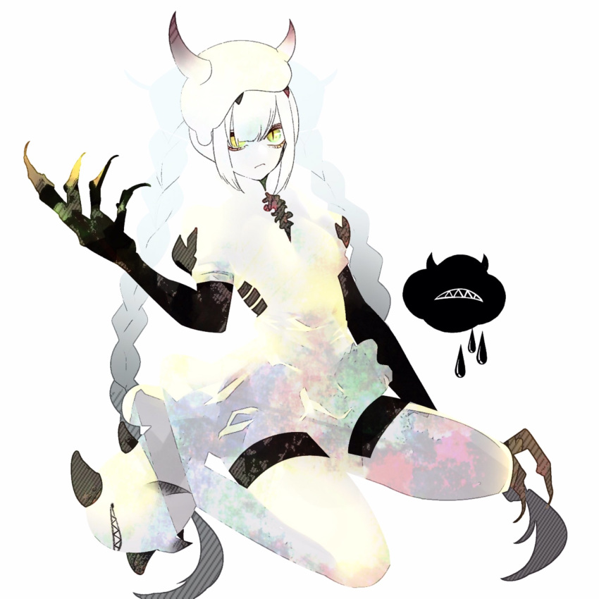 1girl abstract abyssal_nimbus_hime anno88888 bangs braid claws closed_mouth dress hair_between_eyes hat highres horns kantai_collection long_hair pale_skin shinkaisei-kan simple_background sitting skeletal_hand solo twin_braids white_background white_dress white_hair white_skin yellow_eyes