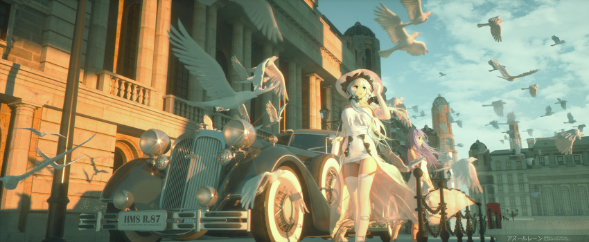 2girls adapted_costume artist_name azur_lane bag bird blue_eyes blue_sky breasts building car character_name chinese_commentary cloud cloudy_sky commentary_request copyright_name day dress elbow_gloves english_text flock full_body garter_straps glint gloves ground_vehicle handbag hat highres illustrious_(azur_lane) long_hair medium_breasts motor_vehicle multiple_girls off-shoulder_dress off_shoulder open_mouth outdoors panties panty_peek phone_booth purple_eyes purple_hair railing scenery sky sleeveless sleeveless_dress smile standing sunlight swd3e2 symbol_commentary thighhighs thighs twintails underwear unicorn_(azur_lane) vintage_car white_dress white_gloves white_hair white_headwear white_legwear white_panties wind wind_lift zettai_ryouiki