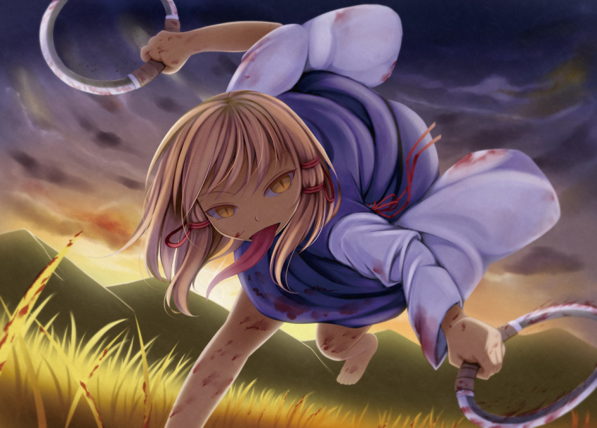 1girl arms_up barefoot blonde_hair blood blood_on_face blood_on_leg bloody_clothes bloody_hands bloody_weapon cloud commentary_request gradient_sky grass hair_ribbon holding holding_weapon hoop leaning_forward long_tongue looking_at_viewer moriya's_iron_rings moriya_suwako mountainous_horizon no_headwear outdoors ribbon short_hair sidelocks sky slit_pupils solo standing standing_on_one_leg tomo_takino tongue tongue_out touhou twilight weapon yellow_eyes