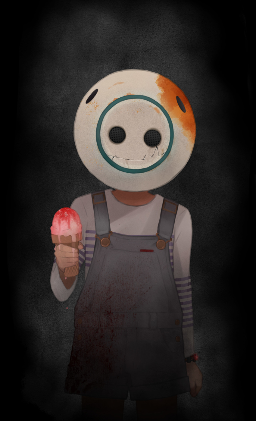 absurdres blood bloody_clothes facing_viewer highres ice_cream_cone kyokugen_dasshutsu melting overalls pixelyte q_(zero_time_dilemma) shorts standing wristband zero_time_dilemma