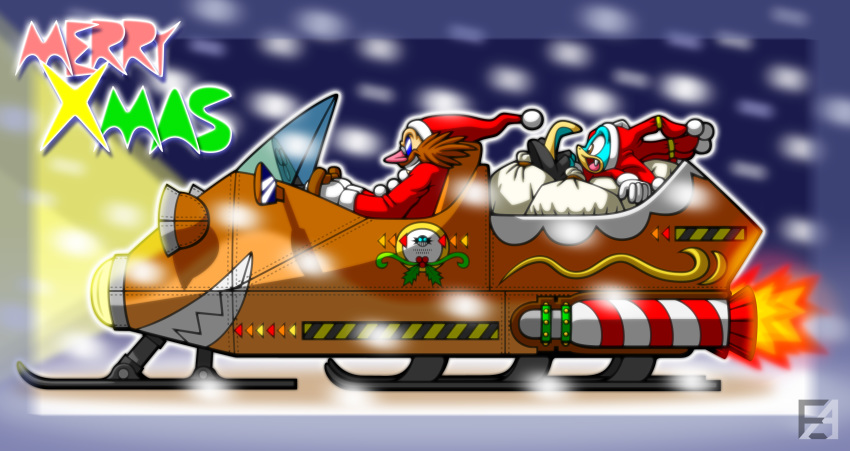 ambiguous_gender anthro christmas clothing costume dr._eggman driving duo eamze fan_character gift_bag hat headgear headwear hi_res holding_hat holidays human male mammal pyowbart rocket santa_costume santa_hat sled smile snow snowing snowmobile sonic_the_hedgehog_(series) unknown_species vehicle
