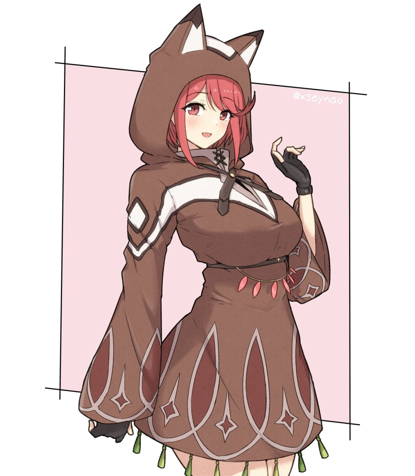 1girl animal_hood bangs black_gloves breasts brown_hoodie cowboy_shot fingerless_gloves gloves highres homura_(xenoblade_2) hood large_breasts looking_at_viewer mochimochi_(xseynao) poncho red_eyes red_hair smile solo swept_bangs xenoblade_(series) xenoblade_2
