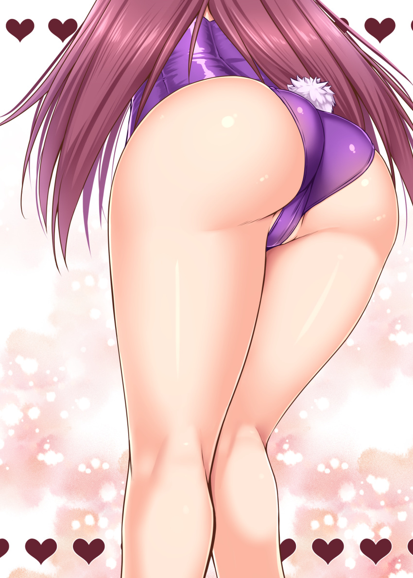 1girl absurdres animal_ears ass ass_focus back bangs bare_legs breasts bunny_girl bunny_tail bunnysuit cameltoe close-up eyebrows_visible_through_hair fanbox_reward fate/grand_order fate_(series) from_behind heart highres leaning_forward legs legs_together leotard long_hair lower_body paid_reward purple_hair purple_leotard scathach_(fate)_(all) scathach_(fate/grand_order) shiny shiny_clothes shiny_hair shiny_skin shuugetsu_karasu skindentation solo strapless strapless_leotard tail thighs very_long_hair