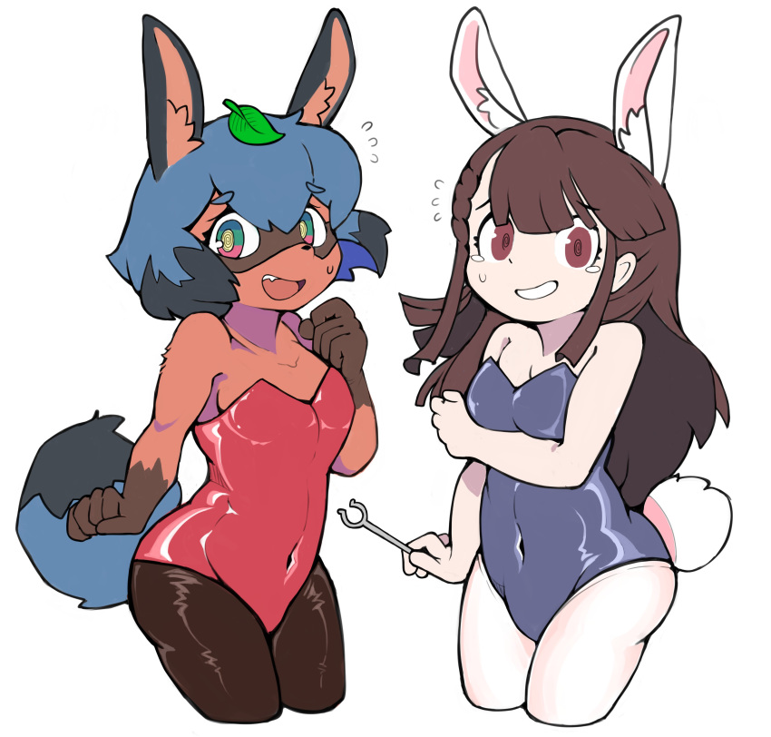 2girls absurdres animal_ear_fluff animal_ears ass bare_shoulders black_legwear blue_eyes blue_hair blue_leotard brand_new_animal breasts brown_eyes brown_hair bunny_ears bunny_girl bunny_tail bunnysuit cleavage clenched_hands covered_navel crossover fang flying_sweatdrops furry hand_on_own_chest highres kagari_atsuko kagemori_michiru leaf leaf_on_head leotard little_witch_academia long_hair menthak0 multiple_girls open_mouth pantyhose raccoon_tail red_leotard short_hair simple_background small_breasts smile strapless strapless_leotard tail tears thighs wand white_background