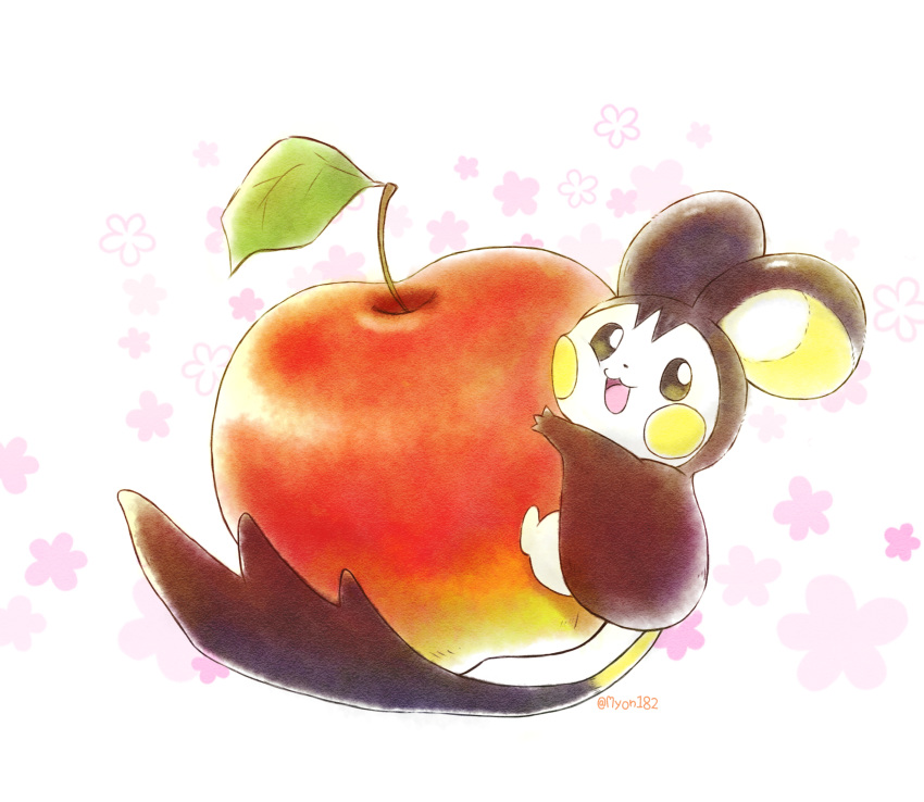 absurd_res ambiguous_gender apple black_body black_eyes black_fur black_tail cheek_spots digital_media_(artwork) emolga feral flower food fruit fur happy hi_res holding_food holding_object leaf long_tail looking_at_viewer mammal myon182 nintendo no_sclera open_mouth open_smile pink_background pink_tongue plant pok&eacute;mon pok&eacute;mon_(species) rodent round_ears signature simple_background smile solo spots tongue video_games white_background white_body white_fur white_inner_ear yellow_body yellow_fur yellow_inner_ear yellow_spots