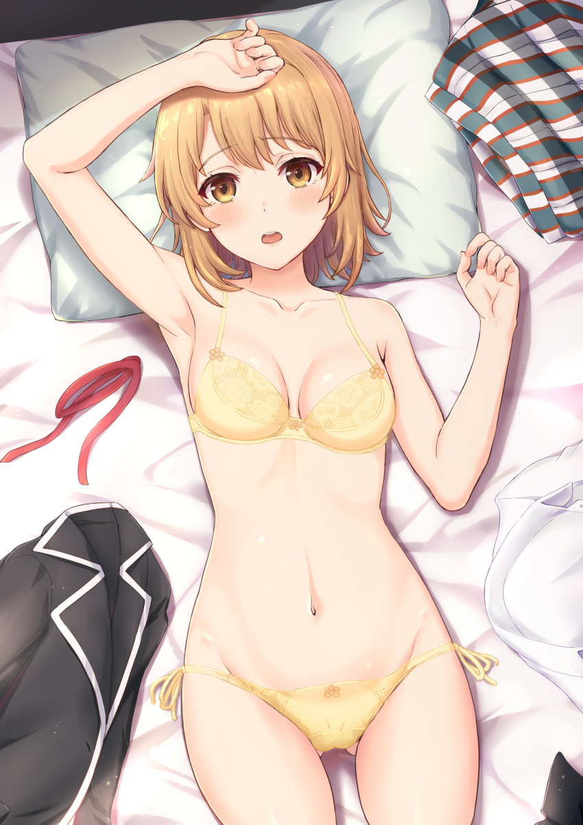 1girl arm_up ass_visible_through_thighs bangs black_jacket blush bra breasts collarbone eyebrows_visible_through_hair furrowed_eyebrows groin hand_up head_on_pillow highres inanaki_shiki isshiki_iroha jacket jacket_removed light_brown_hair looking_at_viewer lying navel on_back open_mouth panties red_ribbon ribbon ribbon_removed shirt shirt_removed short_hair side-tie_panties skirt skirt_removed solo thighs tongue underwear underwear_only upper_teeth white_shirt yahari_ore_no_seishun_lovecome_wa_machigatteiru. yellow_bra yellow_eyes yellow_panties