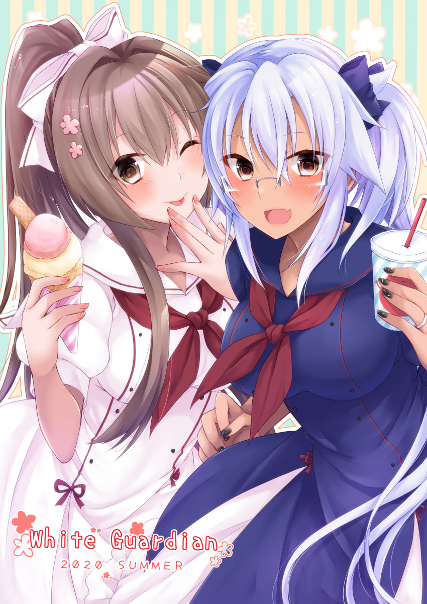 0yukiya0 2girls alternate_costume black_nails brown_eyes brown_hair commentary_request cup dark_skin disposable_cup dress drinking_straw fang food glasses hair_ribbon high_ponytail highres holding holding_cup ice_cream ice_cream_cone kantai_collection light_blue_hair long_hair looking_at_viewer medium_hair multiple_girls musashi_(kantai_collection) nail_art nail_polish neckerchief one_eye_closed photoshop_(medium) pink_nails ribbon sailor_collar sailor_dress semi-rimless_eyewear skin_fang striped striped_background twintails two_side_up vertical_stripes yamato_(kantai_collection)