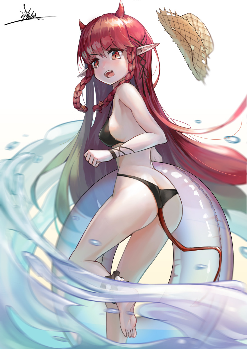 1girl absurdres ankle_cuffs arknights ass bangs bare_arms bare_legs bare_shoulders barefoot bikini black_bikini braid breasts eyebrows_visible_through_hair fang feet_out_of_frame hat hat_removed headwear_removed highres hongshao_tang_gua horns innertube long_hair looking_at_viewer open_mouth pointy_ears red_eyes red_hair signature simple_background small_breasts solo standing standing_on_one_leg sun_hat swimsuit tail thighs twin_braids v-shaped_eyebrows very_long_hair vigna_(arknights) water white_background