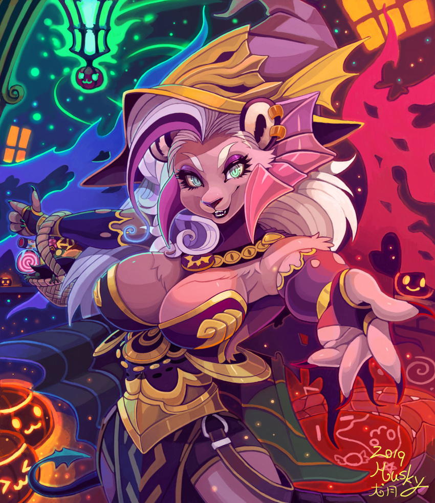 2019 4_fingers anthro arms_out basket blue_eyes breasts claws cleavage clothed clothing colorful demon detailed_background ear_piercing felid feline felis female fingers fur hair half-length_portrait halloween hat headgear headwear hi_res holding_object holidays horn hybrid inutsukihasukii jack-o'-lantern kemono looking_at_viewer magic_user mammal notched_wings piercing pink_body pink_fur pointed_tail pointy_tail portrait purple_clothing reaching_towards_viewer sharp_teeth signature solo teeth white_hair wings witch witch_hat