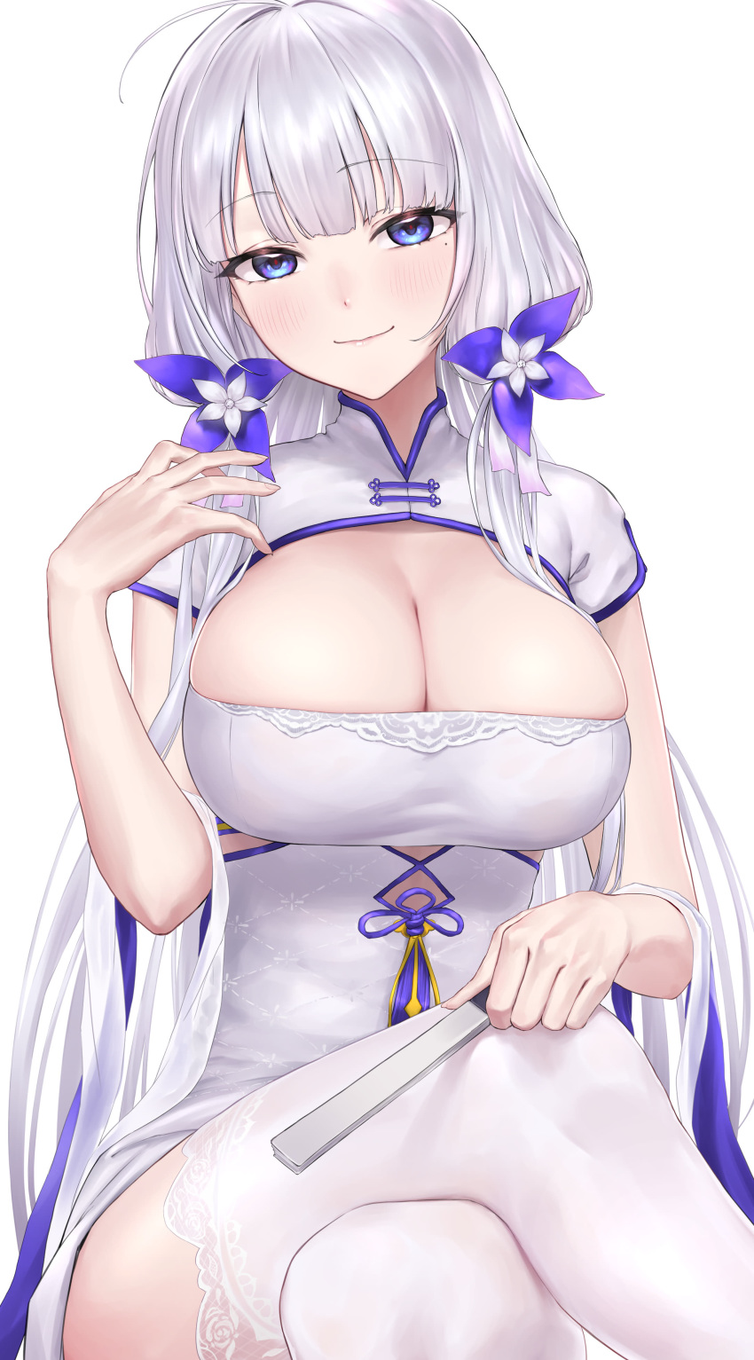 1girl absurdres azur_lane blue_eyes blue_flower breasts bursting_breasts china_dress chinese_clothes cleavage cutout_above_navel dress eyebrows_visible_through_hair fan flower folding_fan garter_straps hair_flower hair_ornament highres holding holding_fan huge_breasts illustrious_(azur_lane) illustrious_(maiden_lily's_radiance)_(azur_lane) light_smile long_hair monegi sitting skindentation solo thighhighs very_long_hair white_background white_dress white_legwear