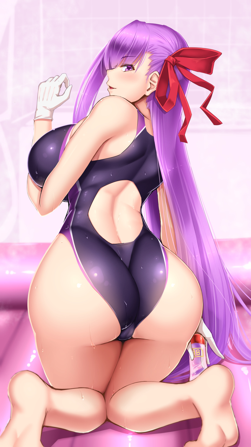 1girl absurdres air_mattress arm_at_side ass back back_cutout bangs bare_shoulders barefoot bathroom bathtub bb_(fate)_(all) bb_(fate/extra_ccc) blush bottle breasts competition_swimsuit eyebrows_visible_through_hair eyelashes fanbox_reward fate/extra fate/extra_ccc fate_(series) feet from_behind gloves hair_between_eyes hair_ribbon hand_up highleg highleg_swimsuit highres holding holding_bottle kneeling large_breasts long_hair looking_at_viewer looking_back lotion lotion_bottle mat_play one-piece_swimsuit paid_reward parted_lips purple_eyes purple_hair purple_swimsuit red_ribbon ribbon shiny_swimsuit shoulder_blades shuugetsu_karasu sidelocks smile soapland solo swimsuit thighs tile_wall tiles very_long_hair wet white_gloves