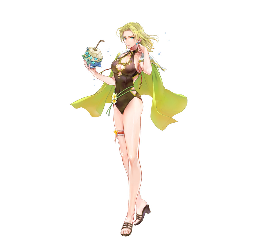 1girl absurdres bangs bare_arms blonde_hair blue_eyes breasts cape celina_(fire_emblem) cleavage coconut collarbone covered_navel drinking_straw earrings fingernails fire_emblem fire_emblem:_the_sacred_stones fire_emblem_heroes fruit_cup full_body highres holding jewelry long_hair looking_at_viewer medium_breasts official_art open_toe_shoes parted_bangs parted_lips sandals shiny shiny_skin simple_background solo swimsuit thigh_strap thighs wada_sachiko white_background