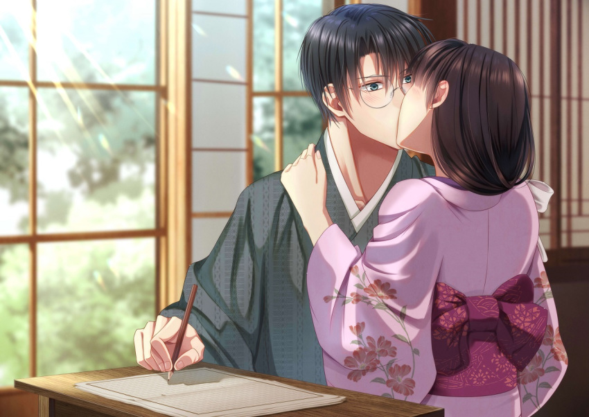 1boy 1girl bangs black_hair brown_hair day floral_print glasses grey_eyes hetero holding holding_pencil indoors izumi_(stardustalone) japanese_clothes kimono kiss obi painttool_sai_(medium) paper pencil pink_kimono renri_no_chigiri_wo_kimi_to_shiru sash sitting sunlight table wide_sleeves window