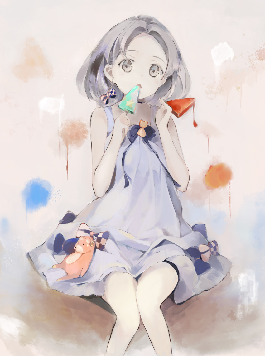 1girl :o absurdres bangs bare_arms bare_shoulders blue_bow blue_dress bow bow_earrings clip_studio_paint_(medium) commentary_request dress feet_out_of_frame food forehead grey_eyes grey_hair hanagin highres holding holding_food knees_together_feet_apart original parted_bangs parted_lips popsicle sitting sleeveless sleeveless_dress solo