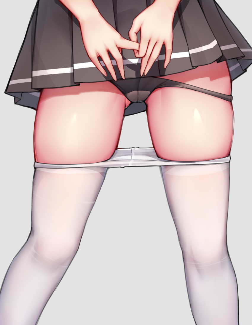 1girl absurdres ass_visible_through_thighs black_panties black_skirt commentary_request feet_out_of_frame gei_daipf highres lower_body miniskirt original panties panty_pull pantyhose pantyhose_pull pleated_skirt skindentation skirt solo standing underwear white_legwear