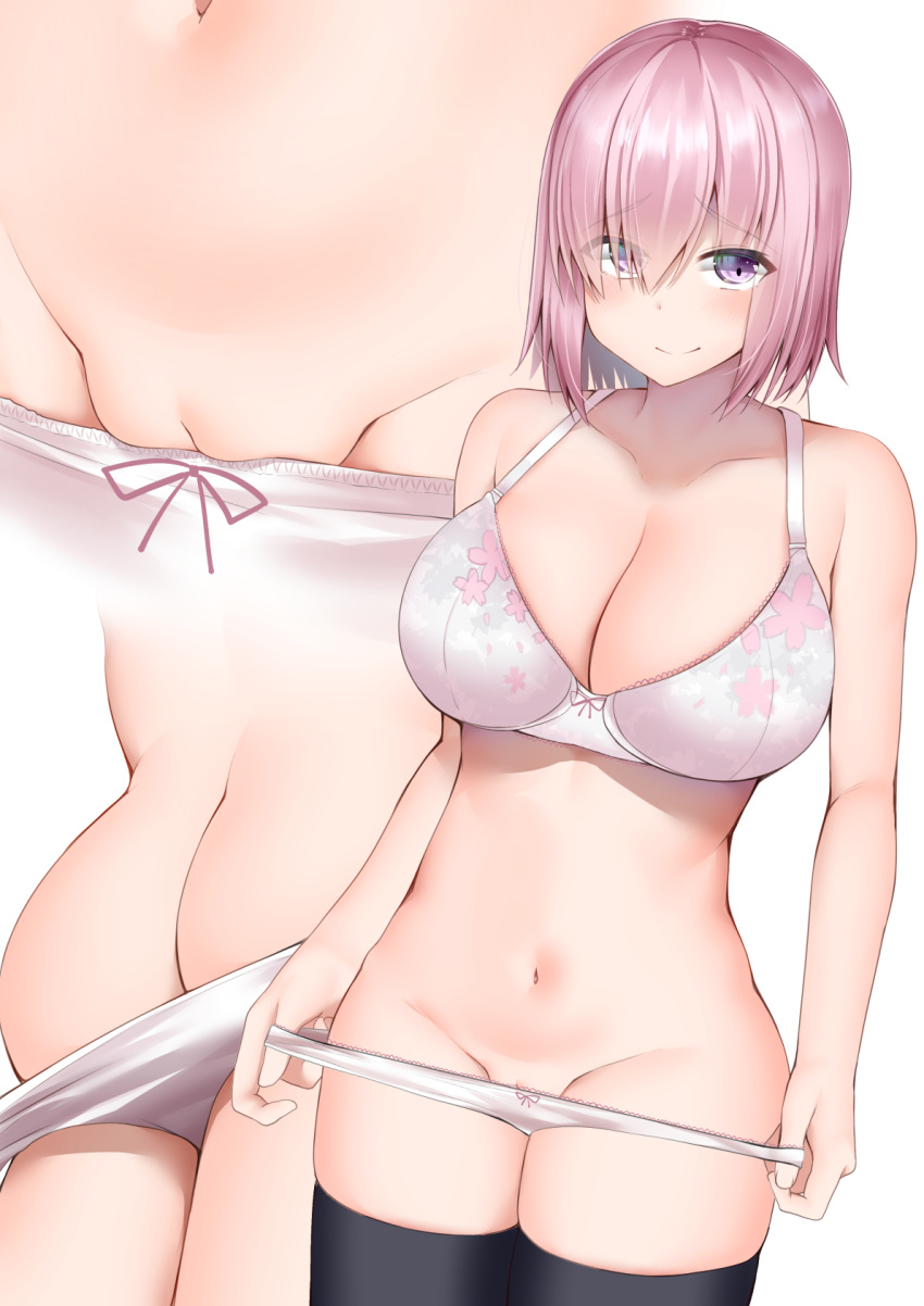 1girl ass bangs bare_arms bare_shoulders black_legwear blush bra breasts cleavage closed_mouth collarbone commentary_request eyebrows_visible_through_hair eyes_visible_through_hair fate/grand_order fate_(series) groin hair_over_one_eye highres kitajima_yuuki large_breasts lavender_hair looking_at_viewer mash_kyrielight multiple_views navel panties panty_pull pink_eyes pink_hair pulled_by_self purple_eyes pussy short_hair simple_background smile stomach thighhighs underwear white_background white_bra white_panties