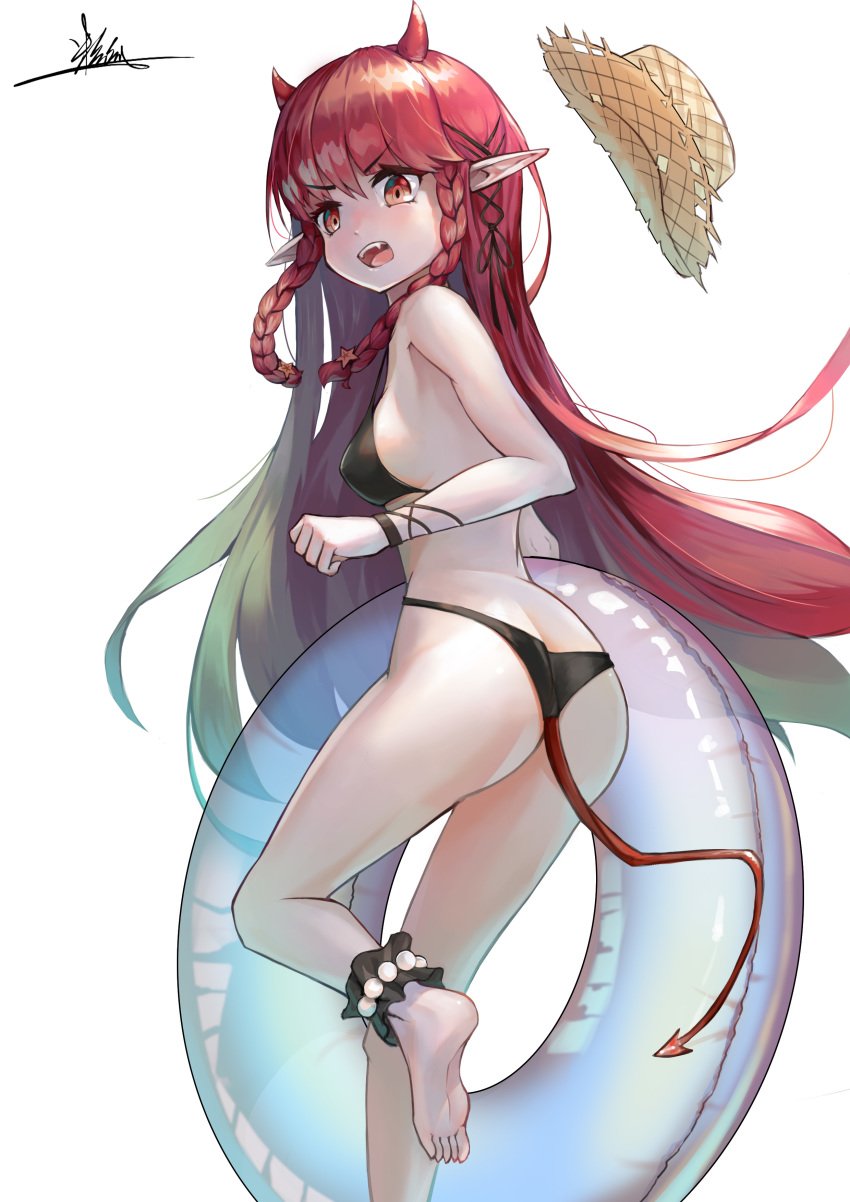 1girl absurdres ankle_cuffs arknights ass bangs bare_arms bare_legs bare_shoulders barefoot bikini black_bikini braid breasts eyebrows_visible_through_hair fang feet_out_of_frame hat hat_removed headwear_removed highres hongshao_tang_gua horns innertube long_hair looking_at_viewer open_mouth pointy_ears red_eyes red_hair signature simple_background small_breasts solo standing standing_on_one_leg sun_hat swimsuit tail thighs twin_braids v-shaped_eyebrows very_long_hair vigna_(arknights) white_background