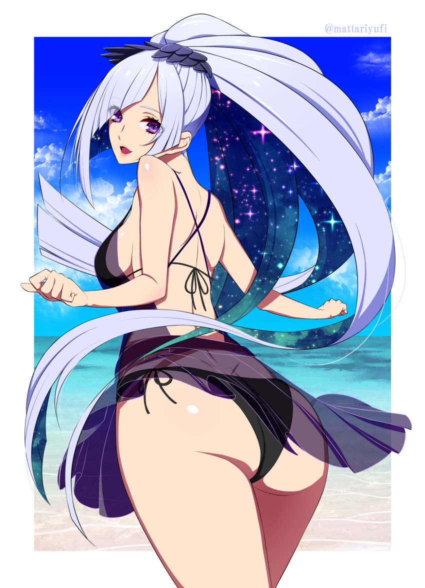 1girl absurdres ass beach bikini bikini_bottom bikini_top blue_hair blue_sky breasts brynhildr_(fate) cloud commentary_request eyebrows_visible_through_hair fate/grand_order fate_(series) from_behind hair_ornament highres long_hair looking_at_viewer looking_back mattari_yufi medium_breasts ocean open_mouth ponytail purple_eyes sarong sky smile solo sparkle swimsuit translucent_sarong