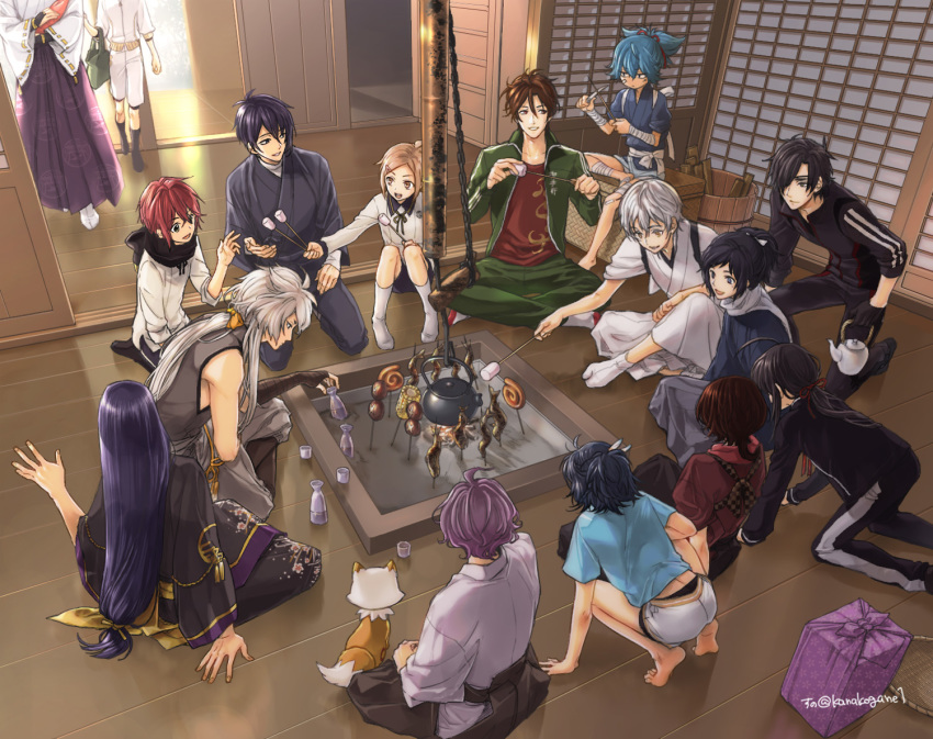 6+boys ahoge basket black_hair black_scarf blue_eyes blue_hair bow brown_eyes brown_hair choko_(cup) cup eyepatch food fox hair_bow hakama houchou_toushirou indian_style japanese_clothes jirou_tachi kasen_kanesada kashuu_kiyomitsu kogitsunemaru konnosuke long_hair low-tied_long_hair male_focus marshmallow mikazuki_munechika mole mole_under_eye monoyoshi_sadamune multiple_boys namazuo_toushirou open_mouth otegine photoshop_(medium) ponytail pot purple_hair red_eyes red_scarf sayo_samonji scarf seiza shinano_toushirou shokudaikiri_mitsutada shorts sitting smile sunomata taikogane_sadamune tarou_tachi touken_ranbu track_suit tsurumaru_kuninaga white_hair white_scarf yamato-no-kami_yasusada yellow_eyes