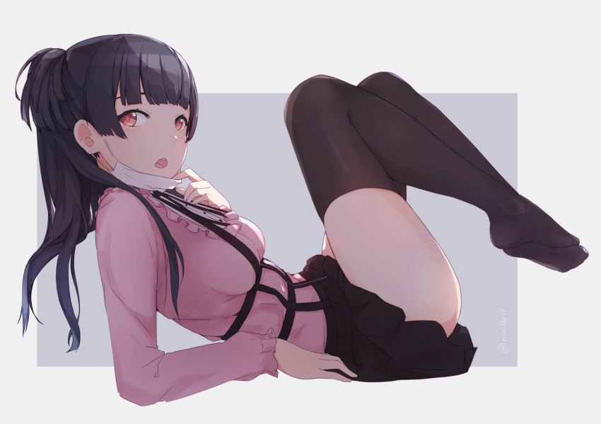 1girl absurdres arm_support bangs black_hair black_legwear black_skirt blunt_bangs breasts brown_eyes feet_up frilled_shirt frills highres idolmaster idolmaster_shiny_colors leaning_back long_hair long_sleeves looking_at_viewer looking_to_the_side mask mask_pull mayuzumi_fuyuko medium_breasts mouth_mask niaillust open_mouth pink_shirt shirt simple_background skirt solo surgical_mask suspender_skirt suspenders thighhighs twitter_username zettai_ryouiki