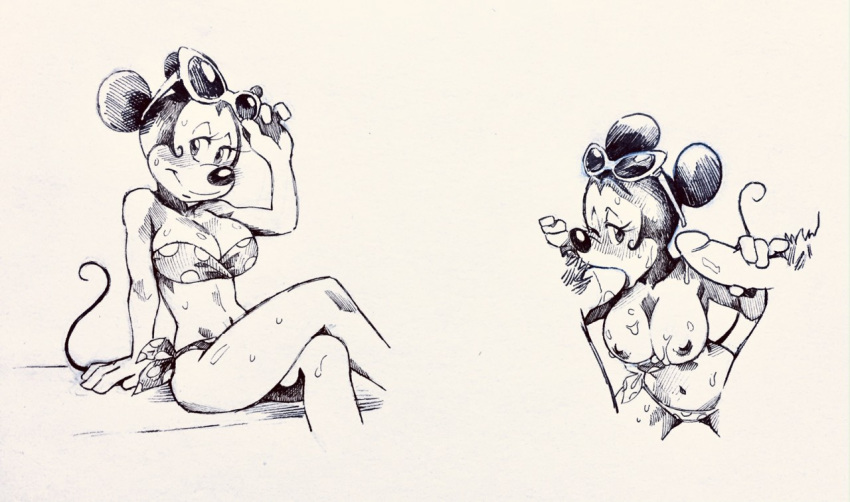2020 ambiguous_fluids anthro bikini black_and_white breasts cleavage clothed clothing crossed_legs disney exposed_breasts eyewear eyewear_on_head faceless_male fellatio female female_focus genitals group group_sex handjob looking_at_viewer male male/female mammal minnie_mouse monochrome mouse murid murine one_eye_closed oral oral_penetration partially_clothed penetration penile penis pubes rodent sex sketch solo_focus sunglasses sunglasses_on_head swimwear threesome twistedterra