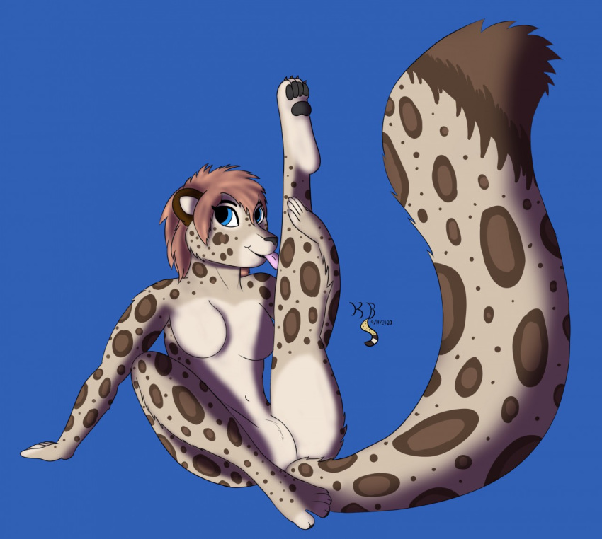 anthro breasts cheetah featureless_breasts featureless_crotch felid feline female hybrid kanrod_stavoyan licking mammal pantherine self_lick snow_leopard solo tongue tongue_out