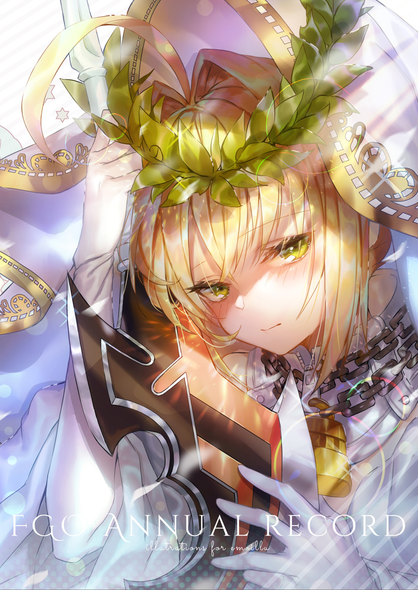 1girl aestus_estus ahoge bangs blonde_hair bodysuit breasts bridal_veil chain closed_mouth emoillu fate/extra fate/extra_ccc fate_(series) gloves green_eyes hair_between_eyes hair_intakes head_wreath highres large_breasts lock long_hair looking_at_viewer nero_claudius_(bride)_(fate) nero_claudius_(fate)_(all) padlock photoshop_(medium) sword veil weapon white_bodysuit white_gloves zipper