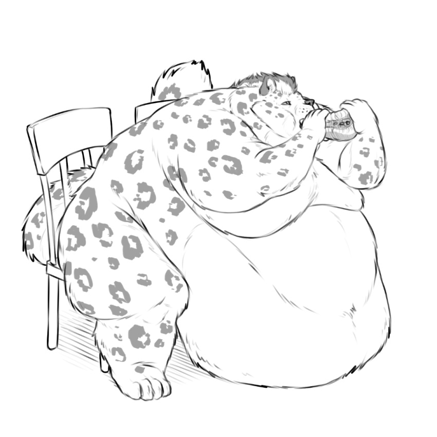 1:1 anthro belly belly_overhang big_belly chair chubby_cheeks eating felid food fur furniture greyscale holding_food holding_object male mammal monochrome moobs morbidly_obese morbidly_obese_male nude obese obese_male overweight overweight_male pantherine pizza simple_background sitting snow_leopard solo spots spotted_body spotted_fur sugarboy thick_thighs white_background wide_hips