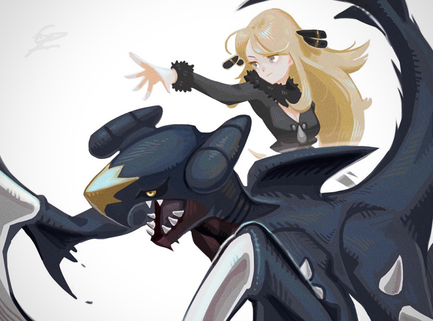 1girl akiradake bangs black_coat blonde_hair breasts cleavage closed_mouth coat commentary_request dragon eyelashes fur-trimmed_coat fur_collar fur_trim garchomp gen_4_pokemon grey_eyes hair_ornament long_hair outstretched_arm pokemon pokemon_(creature) pokemon_(game) pokemon_dppt shiny shiny_hair shirona_(pokemon) simple_background white_background