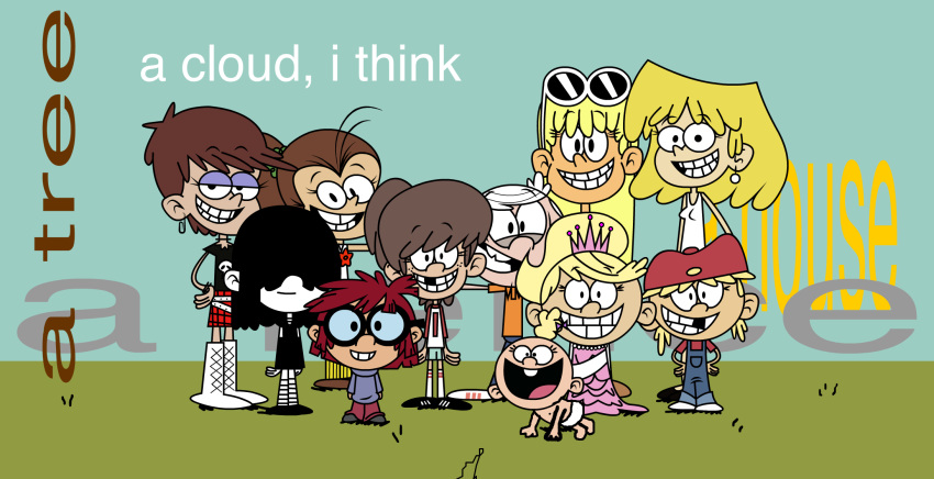 boots bow braces crown dress frilled_dress frills glasses gloves gothic hair_over_eyes hat highres lana_loud leni_loud lily_loud lincoln_loud lisa_loud lola_loud looking_at_viewer lori_loud luan_loud lucy_loud luna_loud lynn_loud ponytail siblings sisters skirt smile striped the_loud_house tooth_gap yellow_skirt