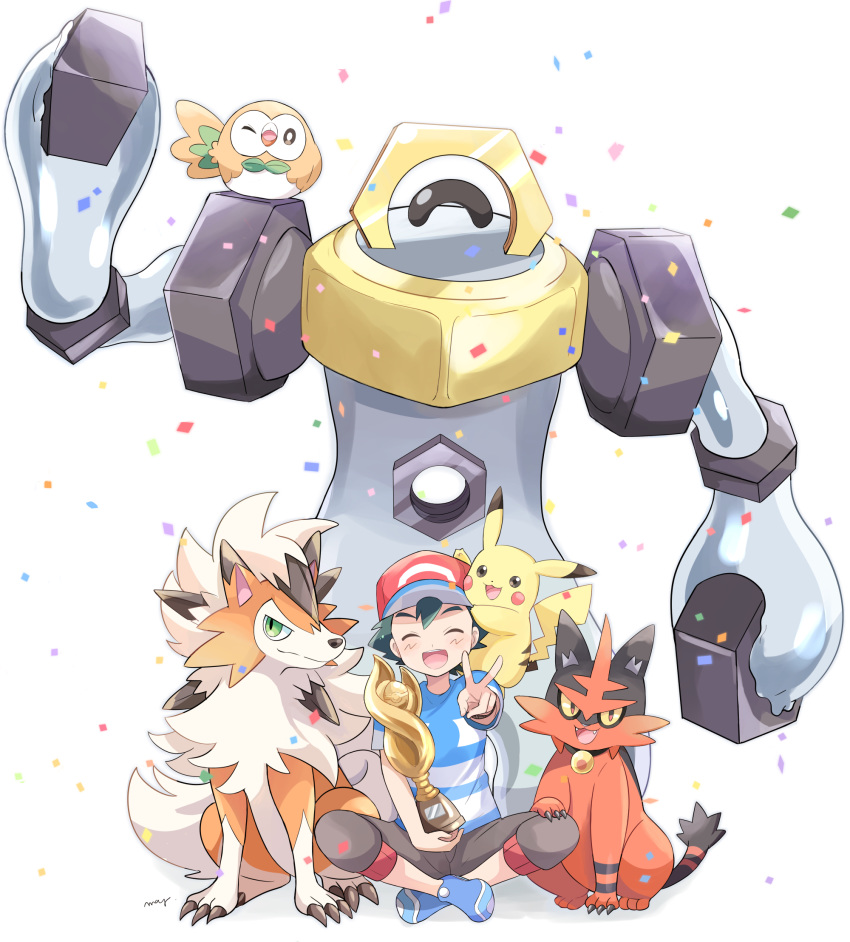 1boy baseball_cap black_hair blue_footwear brown_shorts celebration closed_eyes confetti gen_1_pokemon gen_7_pokemon hand_on_another's_leg happy hat highres holding_trophy looking_at_viewer lycanroc lycanroc_(dusk) male_focus mei_(maysroom) melmetal mythical_pokemon on_shoulder one_eye_closed open_mouth pikachu pokemon pokemon_(anime) pokemon_(creature) pokemon_on_shoulder pokemon_sm_(anime) rowlet satoshi_(pokemon) shirt shoes shorts smile sneakers spiked_hair striped striped_shirt torracat trophy upper_teeth v