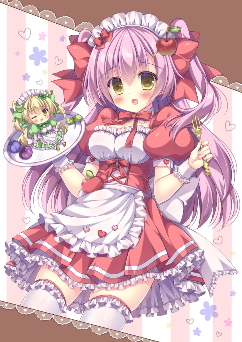 2girls :d ;d apple_hair_ornament apron back_bow bangs blonde_hair blueberry blush bow commentary_request detached_collar dress food food_themed_hair_ornament fork frilled_apron frilled_dress frilled_legwear frills fruit green_dress green_neckwear green_ribbon hair_ornament hair_ribbon hairclip heart highres holding holding_fork holding_plate kouta. leaf long_hair looking_at_viewer maid maid_headdress minigirl multiple_girls neck_ribbon one_eye_closed open_mouth original pink_hair plate puffy_short_sleeves puffy_sleeves red_dress red_neckwear red_ribbon ribbon short_sleeves sitting smile thighhighs two_side_up waist_apron white_apron white_bow white_legwear wrist_cuffs yellow_eyes