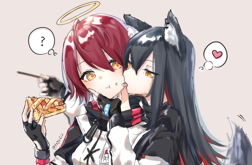 :t ? amopui animal_ear_fluff animal_ears apple_pie arknights black_capelet black_gloves black_hair capelet closed_mouth commentary crumbs earrings eating exusiai_(arknights) eyebrows_visible_through_hair face_licking fingerless_gloves food food_on_face gloves hair_between_eyes halo heart highres holding holding_food jacket jewelry lavender_background licking long_hair motion_lines multicolored_hair orange_eyes pocky red_hair short_hair simple_background spoken_heart spoken_question_mark streaked_hair tail tail_wagging texas_(arknights) thought_bubble tongue tongue_out twitter_username two-tone_hair upper_body white_jacket wolf_ears wolf_tail yuri