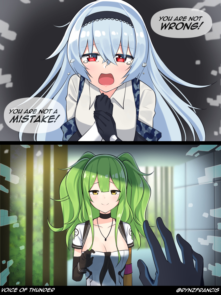 2girls blue_hair breasts camouflage cleavage crying crying_with_eyes_open dj_max english_text girls_frontline gloves green_hair hairband highres jewelry m950a_(girls_frontline) multiple_girls necklace reaching_out rynzfrancis sad_smile speech_bubble tears thunder_(girls_frontline)